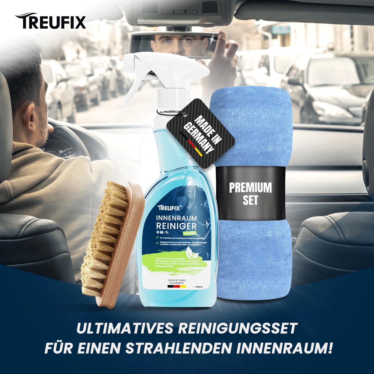 Treufix - Auto Innenraum Reiniger und Cockpitpflege Auto [Profi Set inkl. Polsterbürste & Mikrofasertuch] Polsterreiniger Auto für Display, Armaturen, Sitze, Lenkrad u.v.m 500ml - Made in DE
