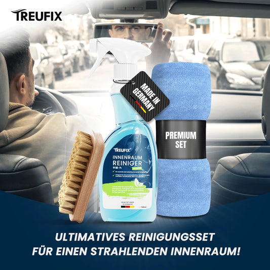 Treufix - Auto Innenraum Reiniger und Cockpitpflege Auto [Profi Set inkl. Polsterbürste & Mikrofasertuch] Polsterreiniger Auto für Display, Armaturen, Sitze, Lenkrad u.v.m 500ml - Made in DE