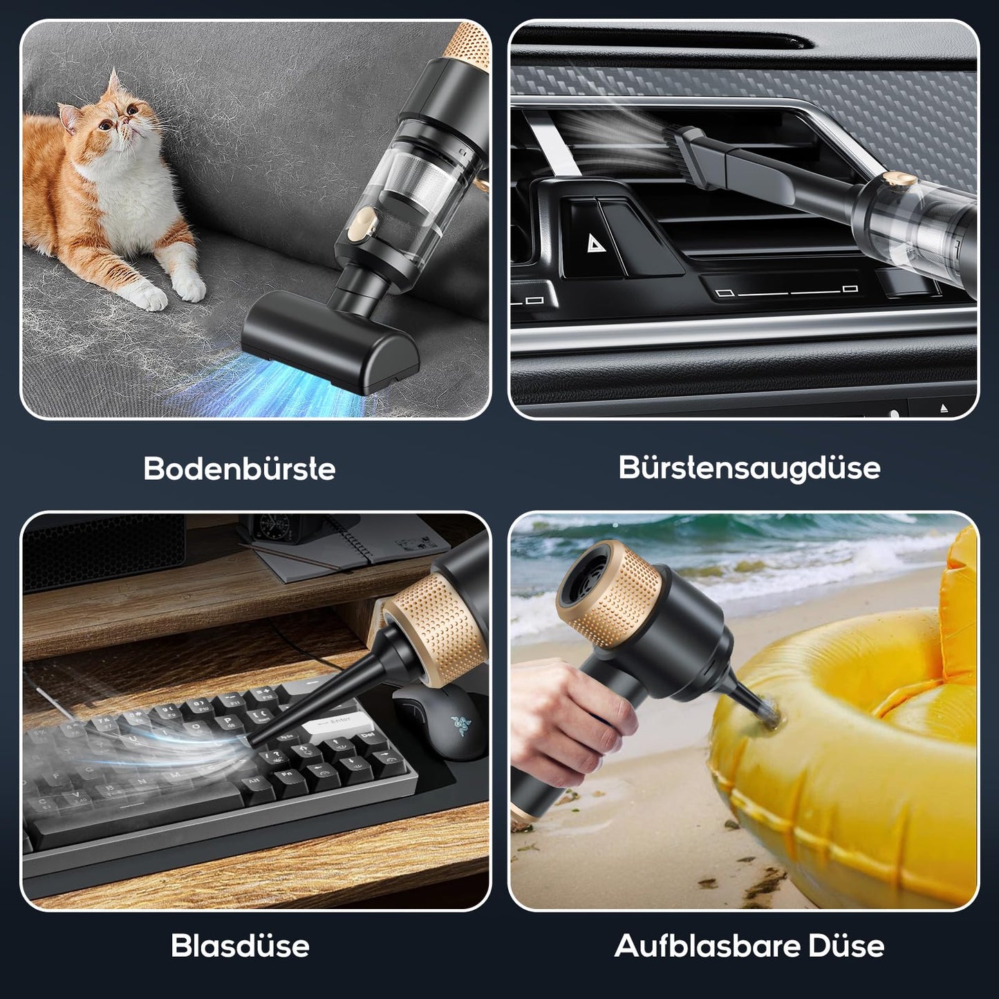 Dealswin 4-in-1 Handstaubsauger Kabellos, 15KPA Stark Auto Mini Staubsauger Tastatursauger, 100500 U/min Druckluft Staubgebläse Akku Druckluftspray für Auto Haus Büro PC Tierhaar (Schwarz)