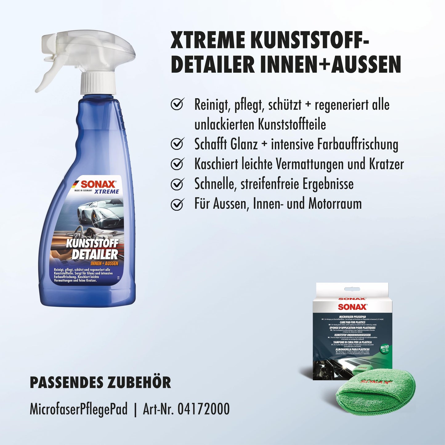 SONAX XTREME KunststoffDetailer Innen + Außen (500 ml) Reinigung, Pflege und Schutz für das gesamte Fahrzeug | Art-Nr. 02552410