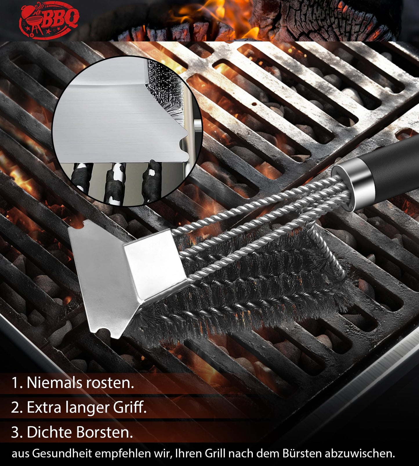 "Effektive Reinigung: 3in1 Grillbürste mit Edelstahl-Schaber in Schwarz"