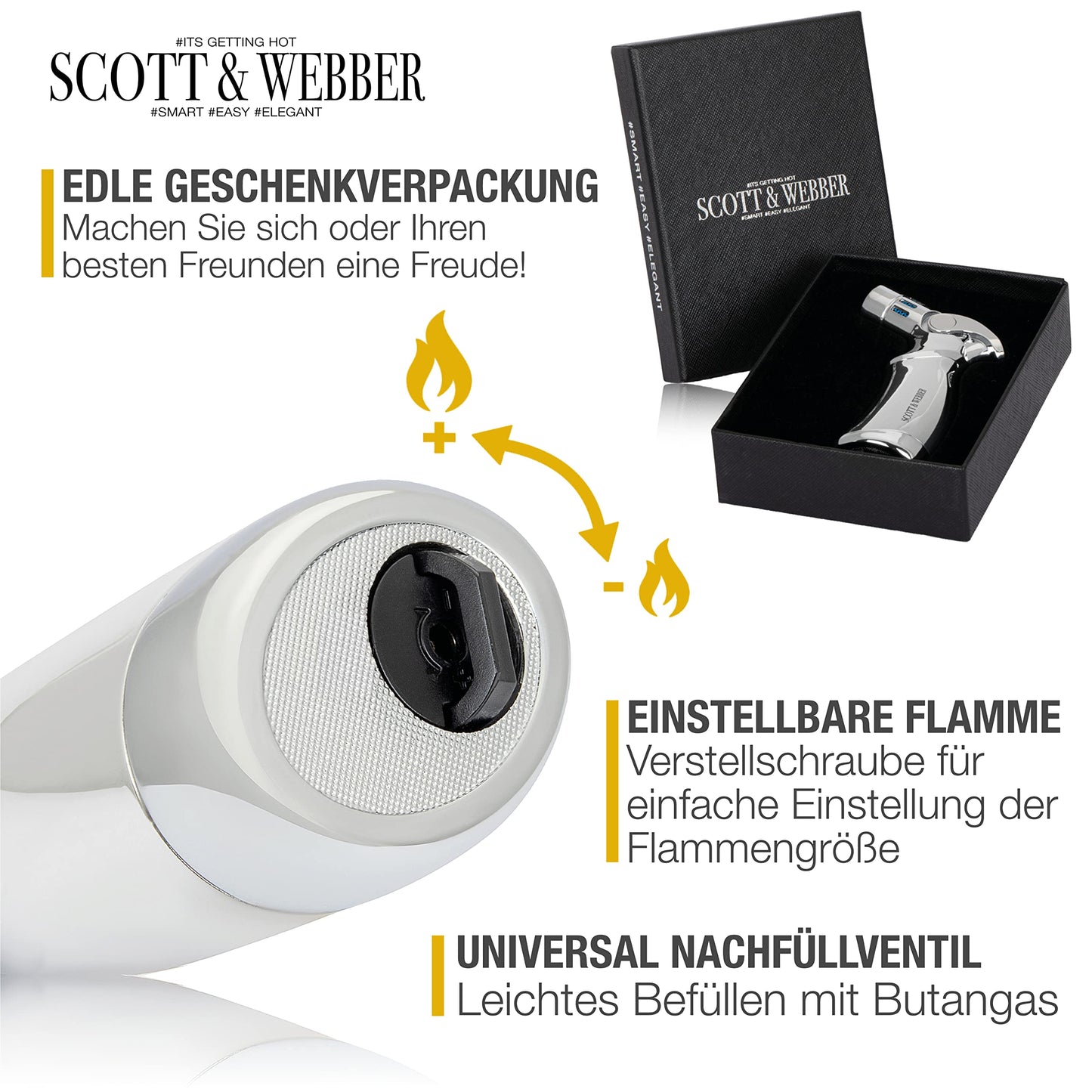 Scott & Webber® - Sturmfeuerzeug mit 4 Jetflammen - Nachfüllbares Feuerzeug, Gasfeuerzeug aus Metall einstellbar bis 1300°C