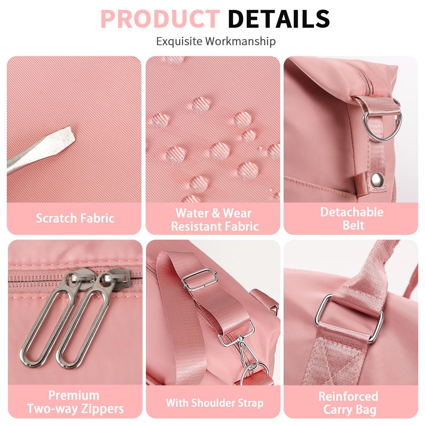 FIORETTO Damen Reisetasche Sporttasche Handgepäck Weekender Bag Schwimmtasche Wasserdicht Travel Bag Duffle Bag Fitnesstasche Trainingstasche für Damen Rosa Large