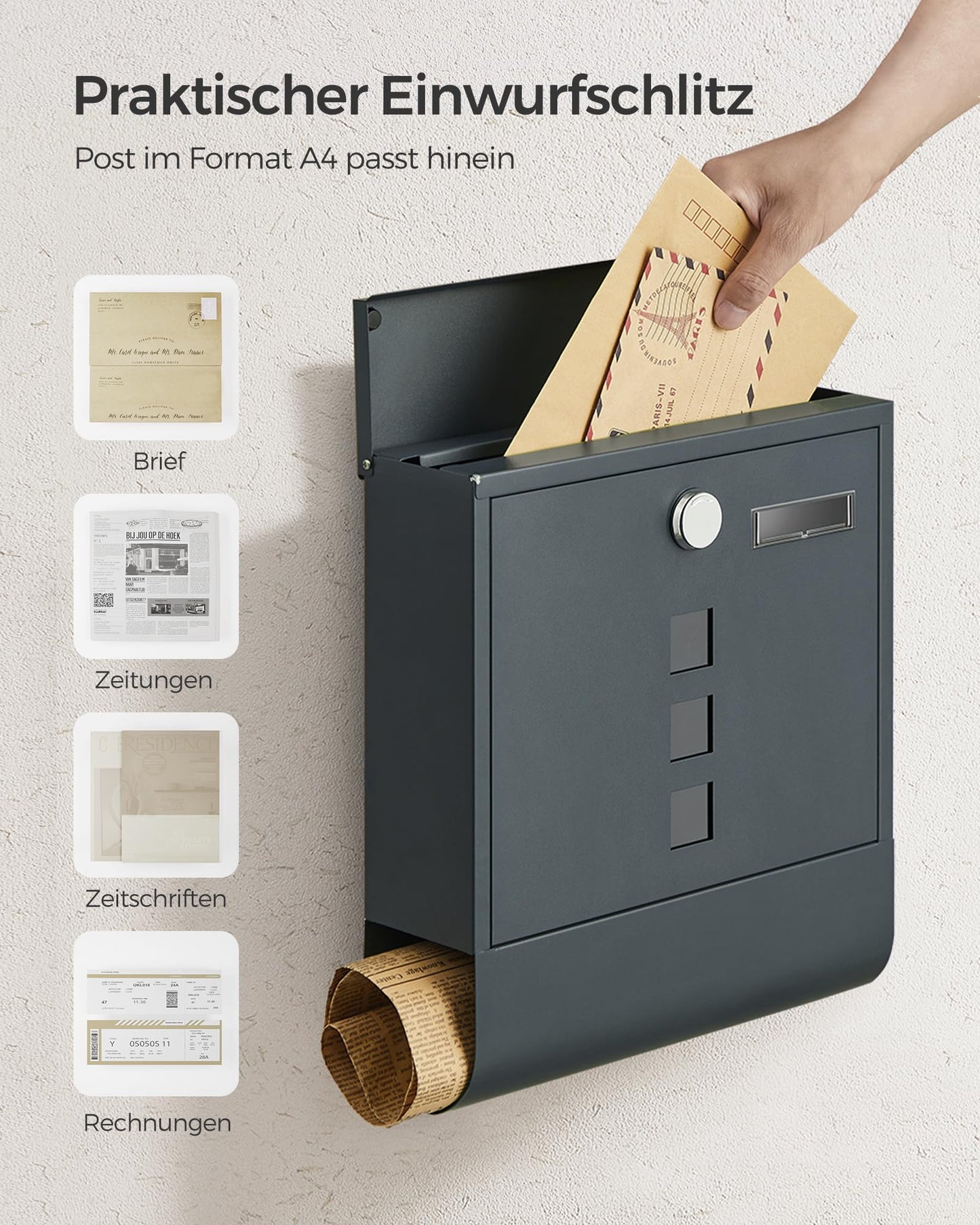 SONGMICS Wandbriefkasten, mit Schloss mit Drehdeckel, Sichtfenster, Namensschild, Zeitungsfach, einfache Montage, 10 x 30,8 x 33,8 cm, Anthrazitgrau GMB20AG