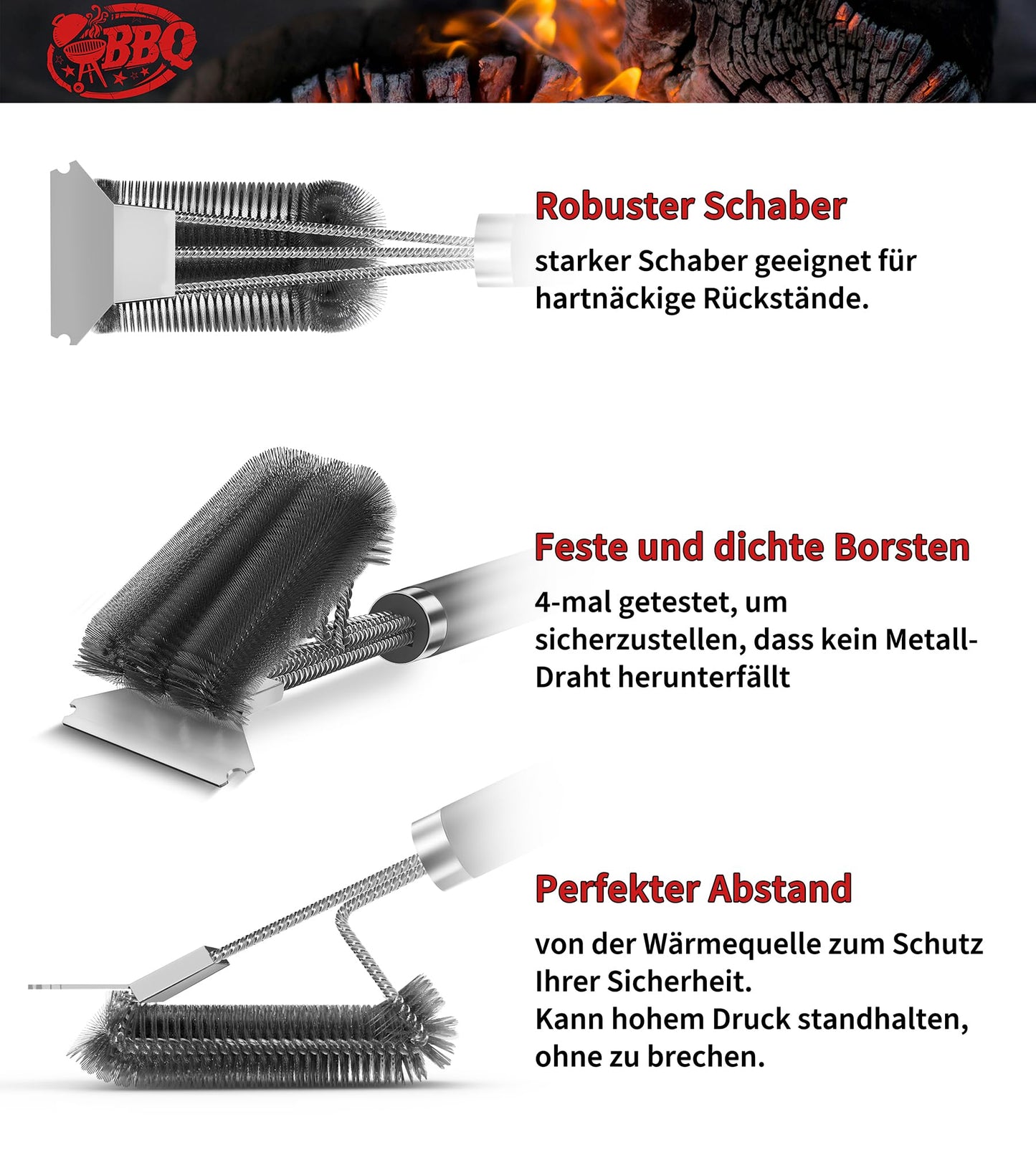 "Effektive Reinigung: 3in1 Grillbürste mit Edelstahl-Schaber in Schwarz"