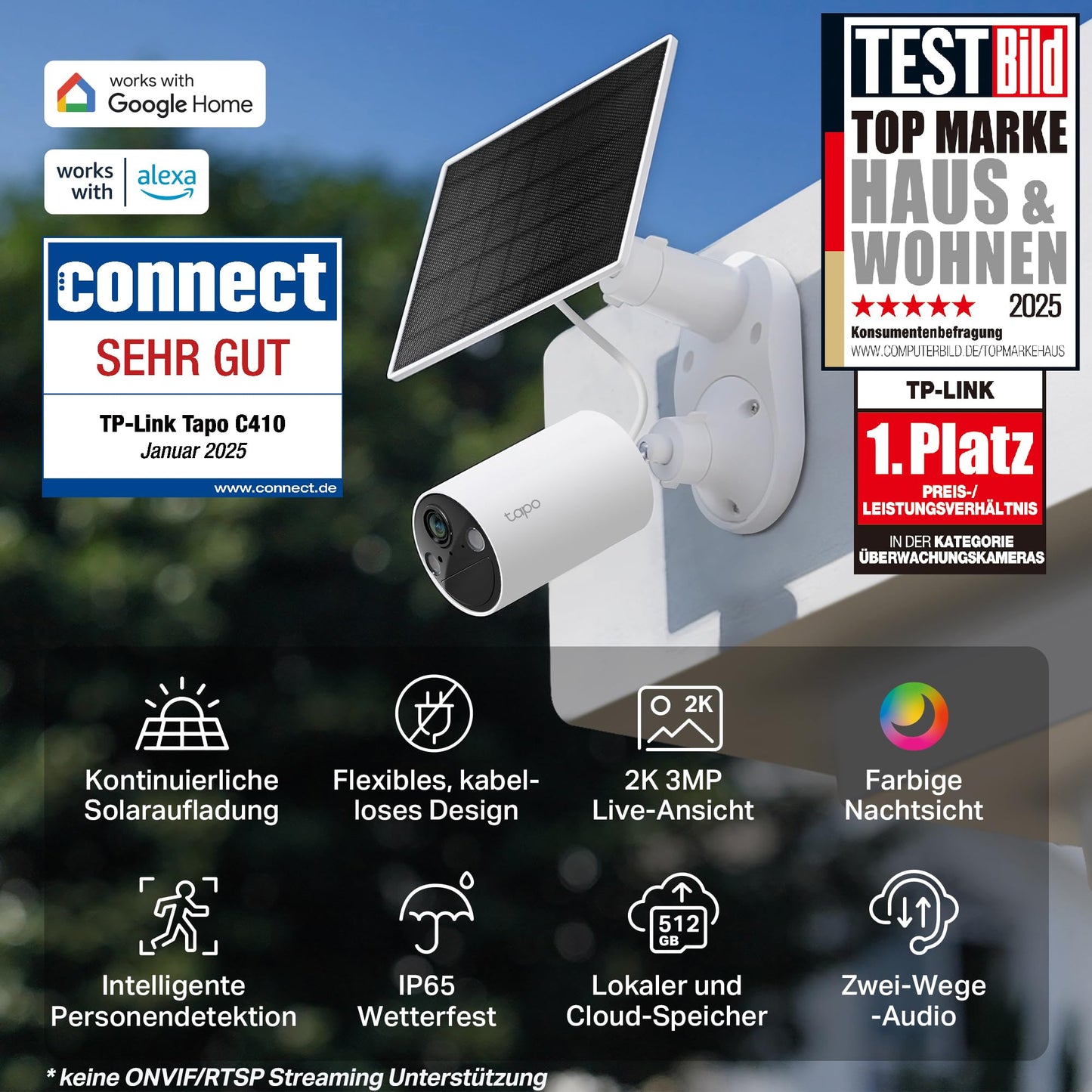 Tapo C410 KIT Solar Überwachungskamera Aussen Akku, 2K 3MP, Farbnachtsicht, MicroSD-Speicher, 6400-mAh Nicht entfernbarer Akku, Zwei-Wege-Audio, Personenerkennung, Alexa&Google Assistant, 2,4 GHz