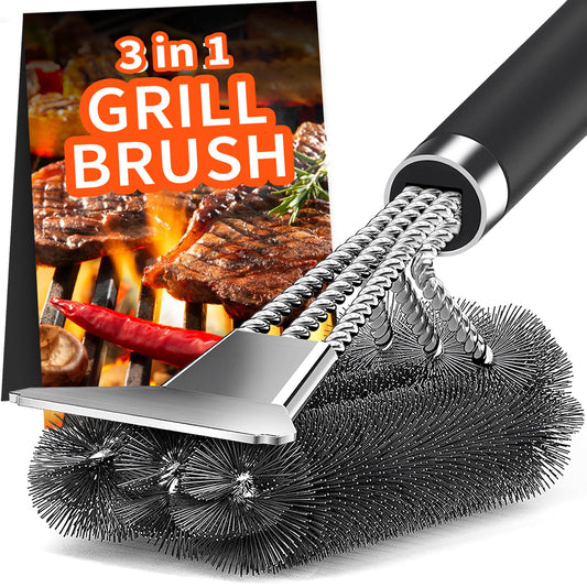 "Effektive Reinigung: 3in1 Grillbürste mit Edelstahl-Schaber in Schwarz"