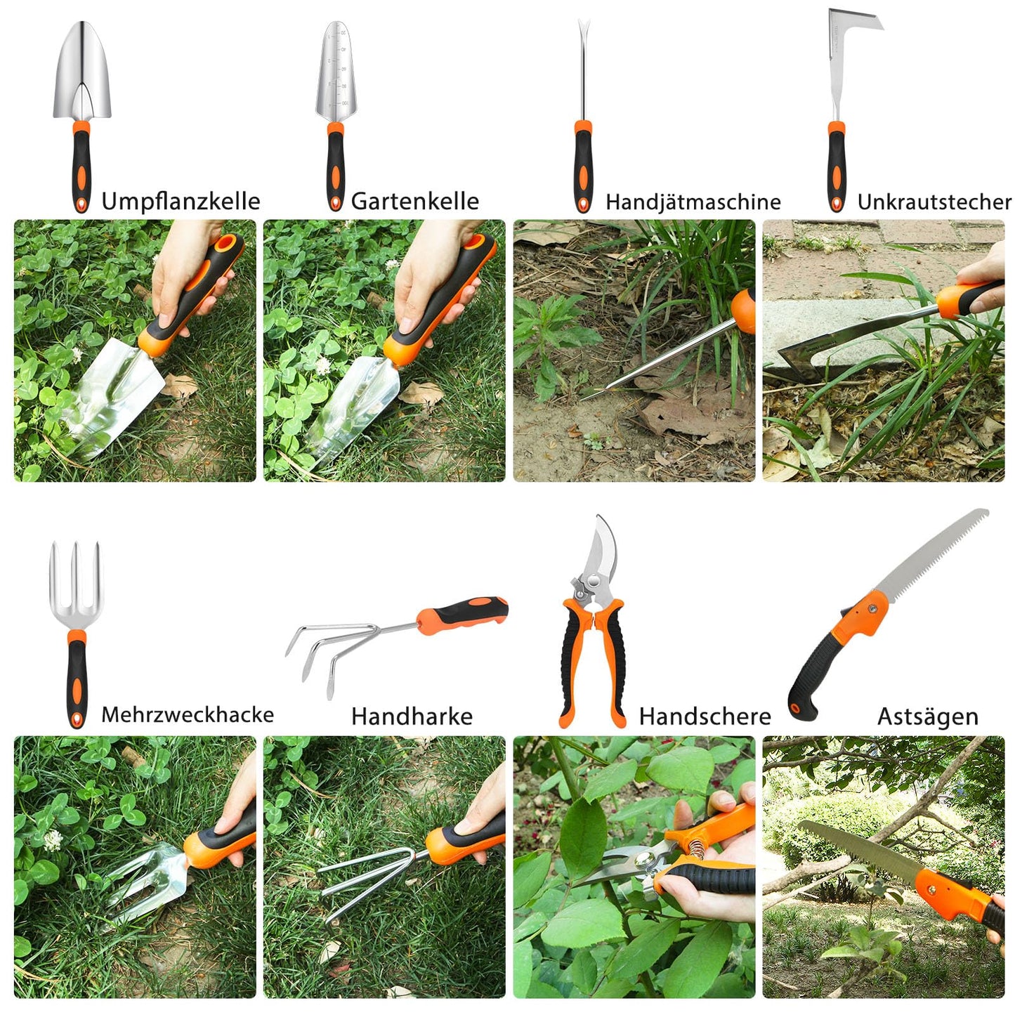 "Voll ausgestattet: 10-teiliges Gartenwerkzeugset in Schwarz und Orange"
