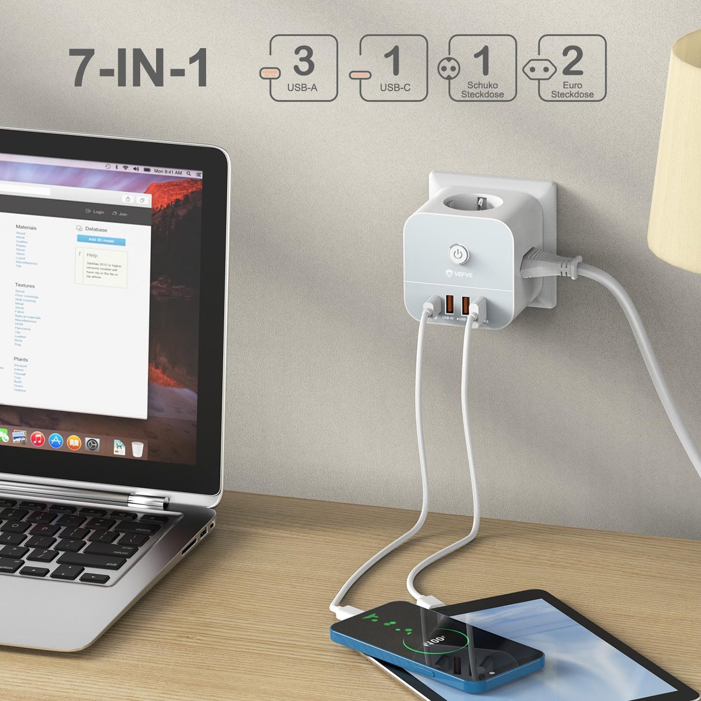VEFVE 7-in-1 Steckdosenwürfel mit USB - Kompakt und Effizient
