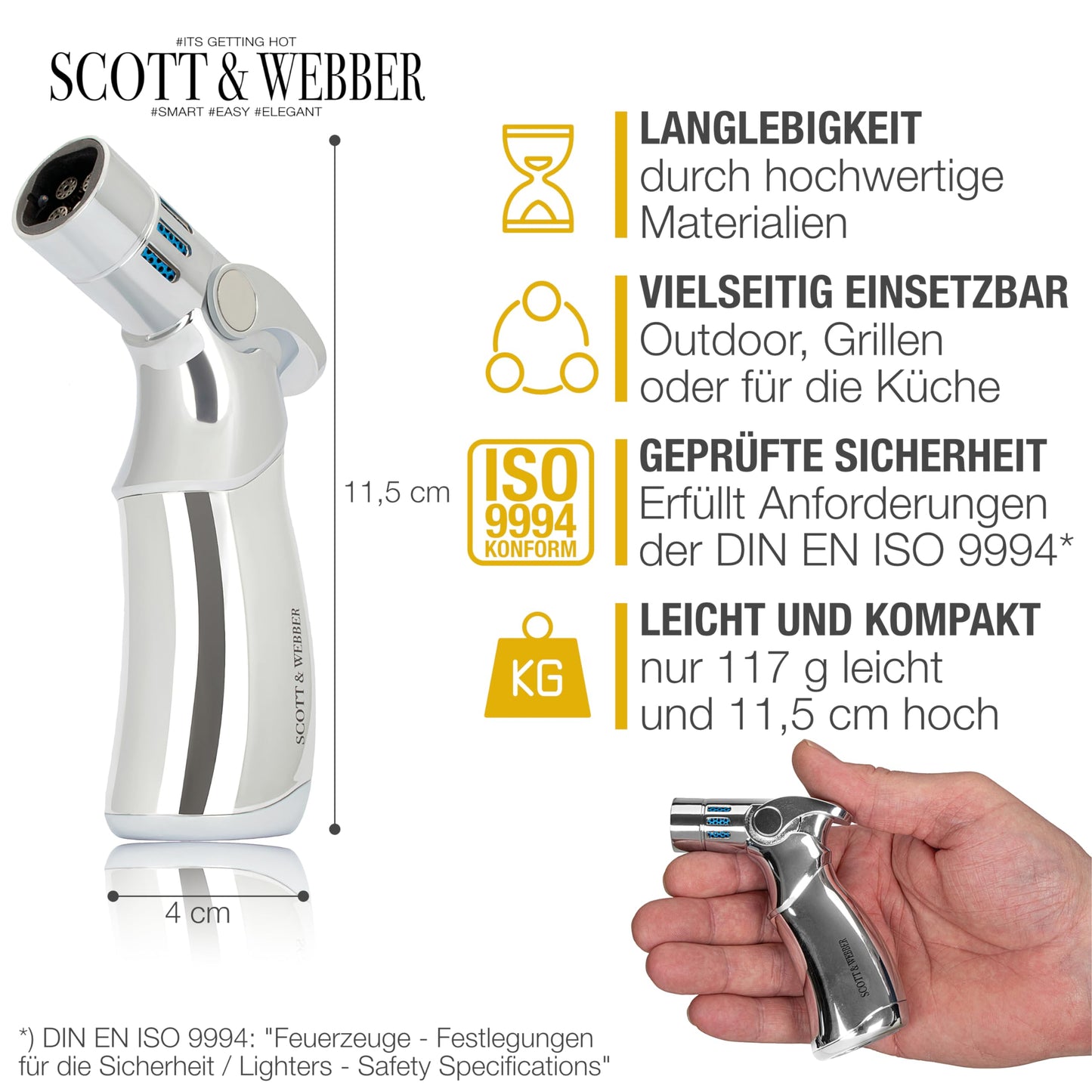 Scott & Webber® - Sturmfeuerzeug mit 4 Jetflammen - Nachfüllbares Feuerzeug, Gasfeuerzeug aus Metall einstellbar bis 1300°C