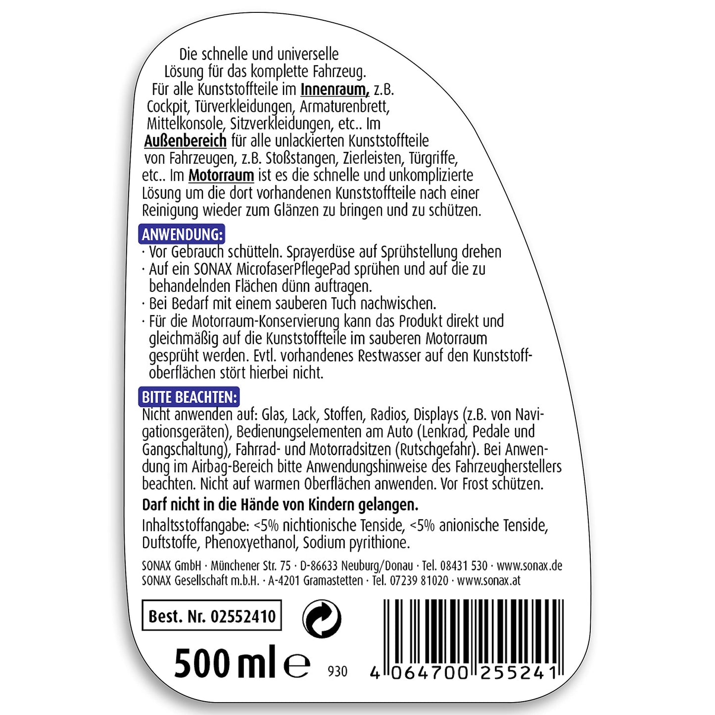 SONAX XTREME KunststoffDetailer Innen + Außen (500 ml) Reinigung, Pflege und Schutz für das gesamte Fahrzeug | Art-Nr. 02552410