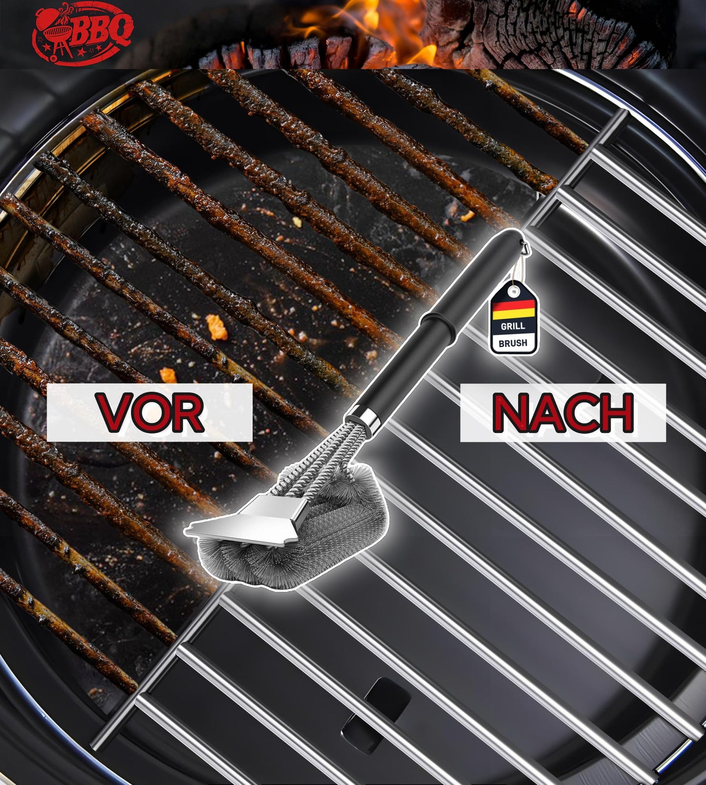 "Effektive Reinigung: 3in1 Grillbürste mit Edelstahl-Schaber in Schwarz"