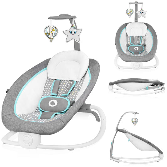 "Sanfte Vibration & Melodien: Komfortable Babywippe in modernem Grau"