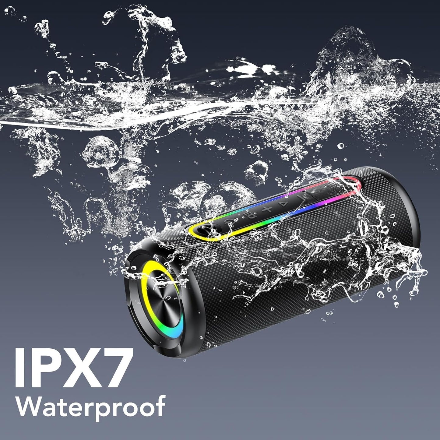 Bluetooth Lautsprecher mit Licht, Bluetooth 5.4 Musikbox, 30W Dual Lautsprecher, Duale Bass-Treiber, 30 Std Akku, IPX7 wasserdicht, TWS Paarung, AUX, TF Karte, Geeignet Outdoor/Party/Reisen, Schwarz