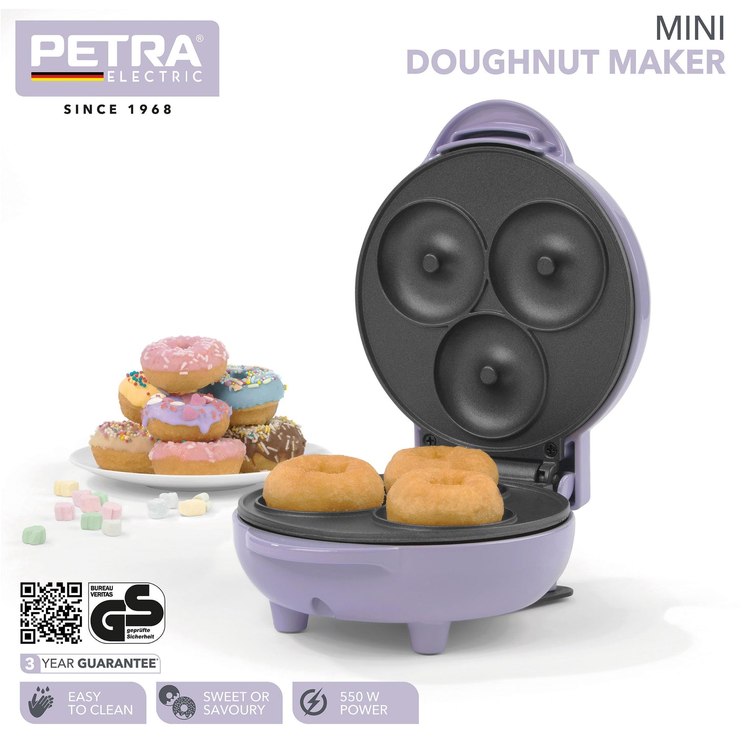 "Genießen Sie 3 fluffige Mini-Donuts in Pastellviolett - Gesund und lecker!"