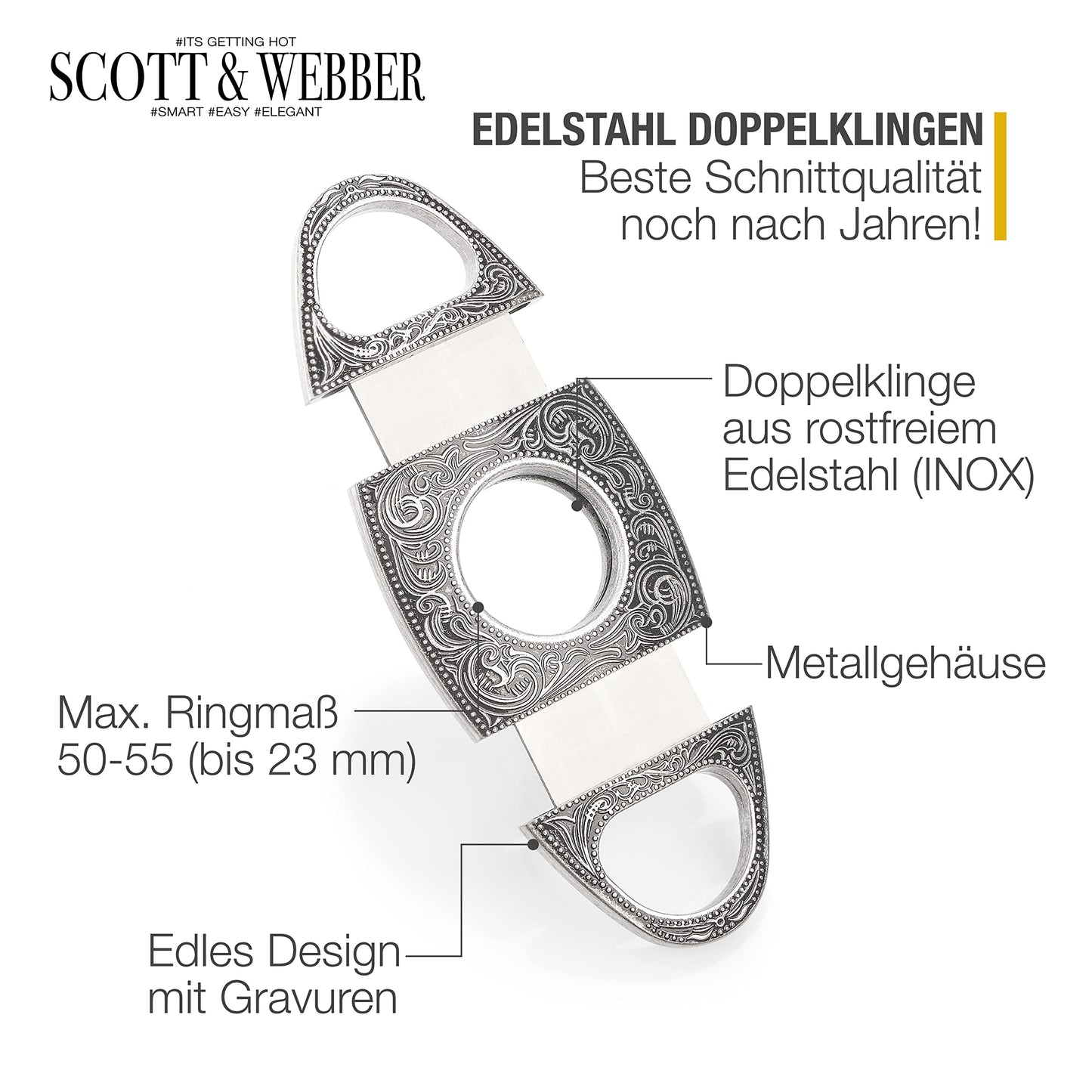 Scott & Webber® - Zigarrenschneider mit Doppelklinge aus Edelstahl - Zigarren Zubehör für großes Ringmaß - Inkl. Lederetui und edler Verpackung (Silber)
