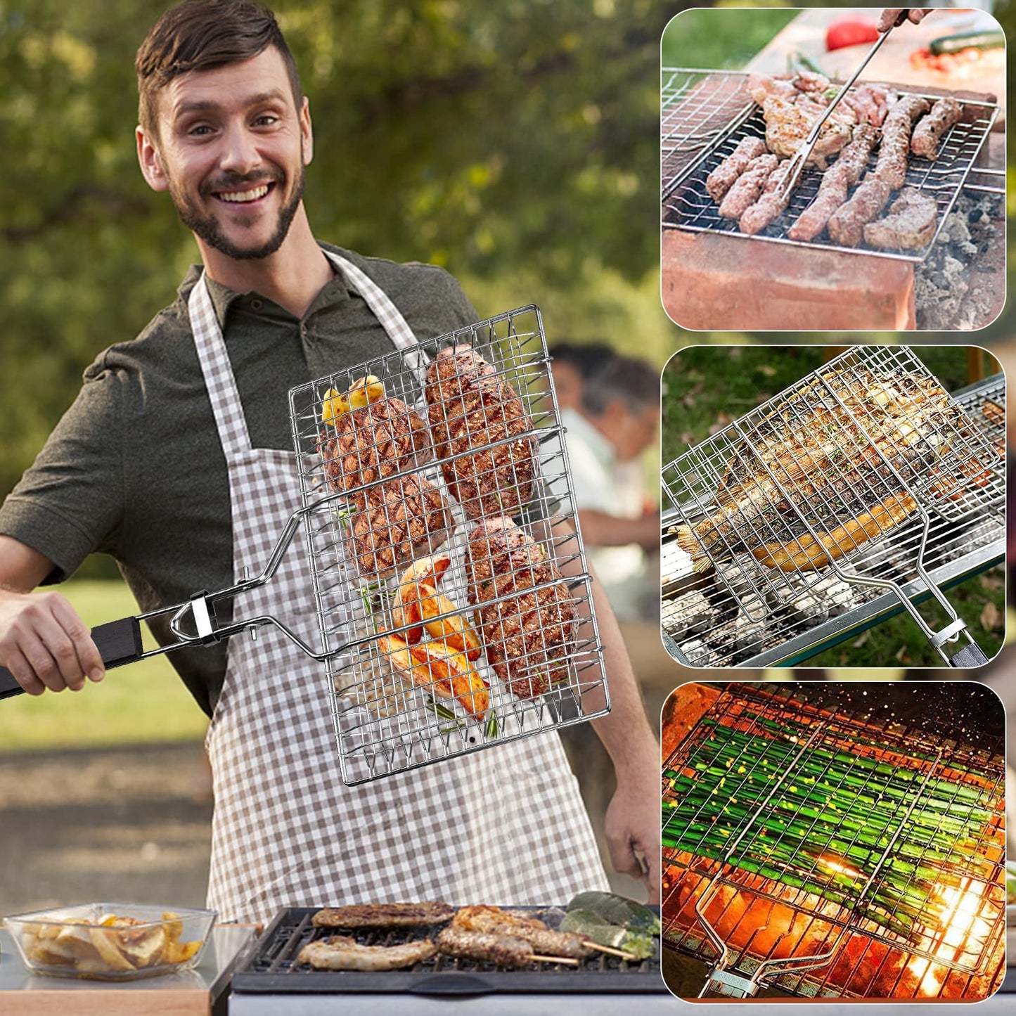 "Grillzeit Deluxe: Faltbarer Edelstahl-Grillkorb für Fisch & Gemüse"