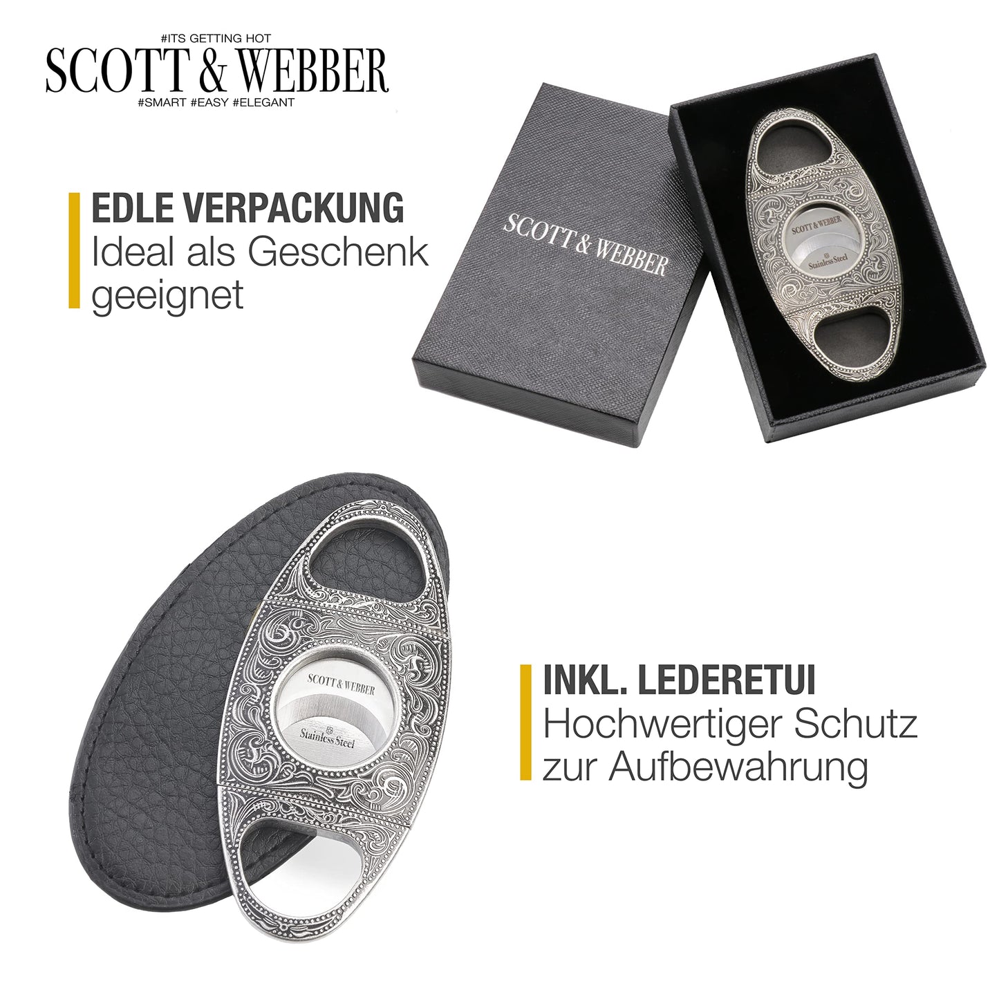 Scott & Webber® - Zigarrenschneider mit Doppelklinge aus Edelstahl - Zigarren Zubehör für großes Ringmaß - Inkl. Lederetui und edler Verpackung (Silber)