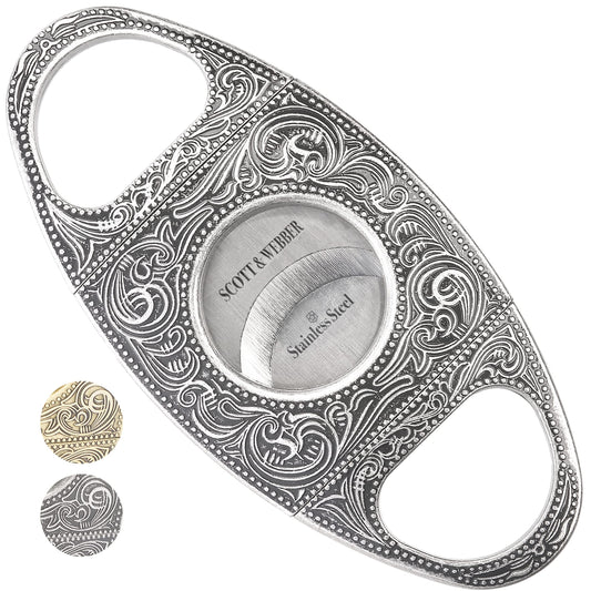 Scott & Webber® - Zigarrenschneider mit Doppelklinge aus Edelstahl - Zigarren Zubehör für großes Ringmaß - Inkl. Lederetui und edler Verpackung (Silber)