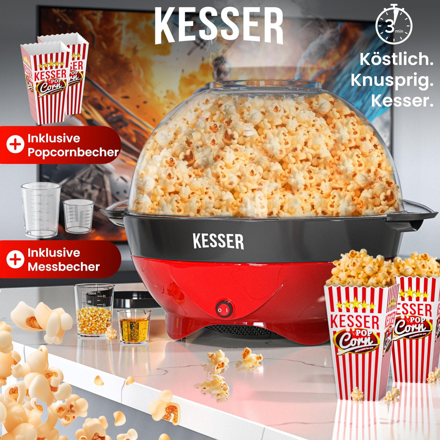 "Genießen Sie das Kino-Feeling: Retro Popcornmaschine in Rot für 5,5l Genuss!"