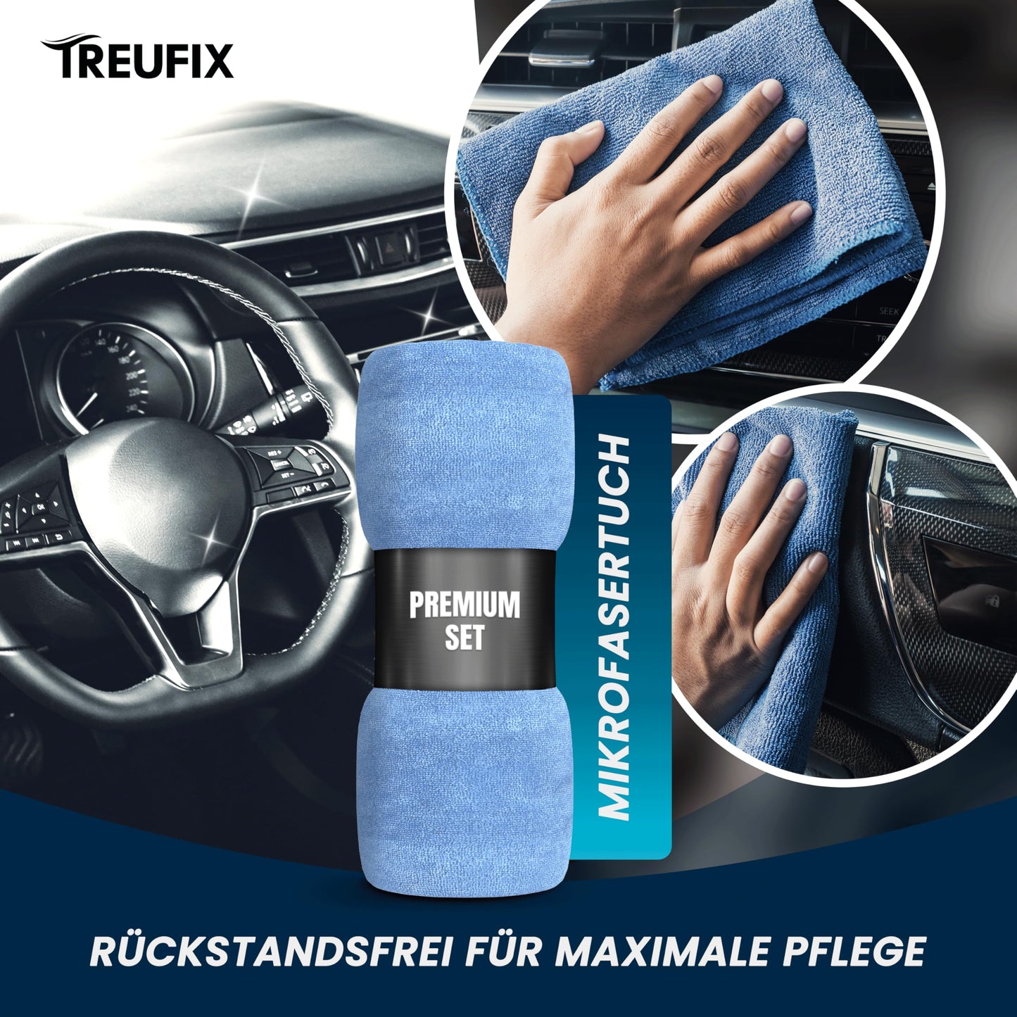 Treufix - Auto Innenraum Reiniger und Cockpitpflege Auto [Profi Set inkl. Polsterbürste & Mikrofasertuch] Polsterreiniger Auto für Display, Armaturen, Sitze, Lenkrad u.v.m 500ml - Made in DE