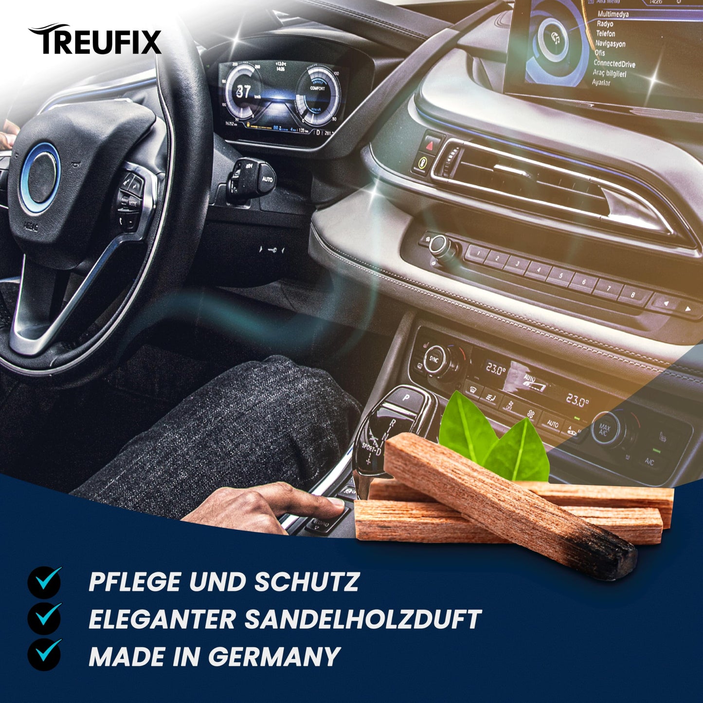 Treufix - Auto Innenraum Reiniger und Cockpitpflege Auto [Profi Set inkl. Polsterbürste & Mikrofasertuch] Polsterreiniger Auto für Display, Armaturen, Sitze, Lenkrad u.v.m 500ml - Made in DE