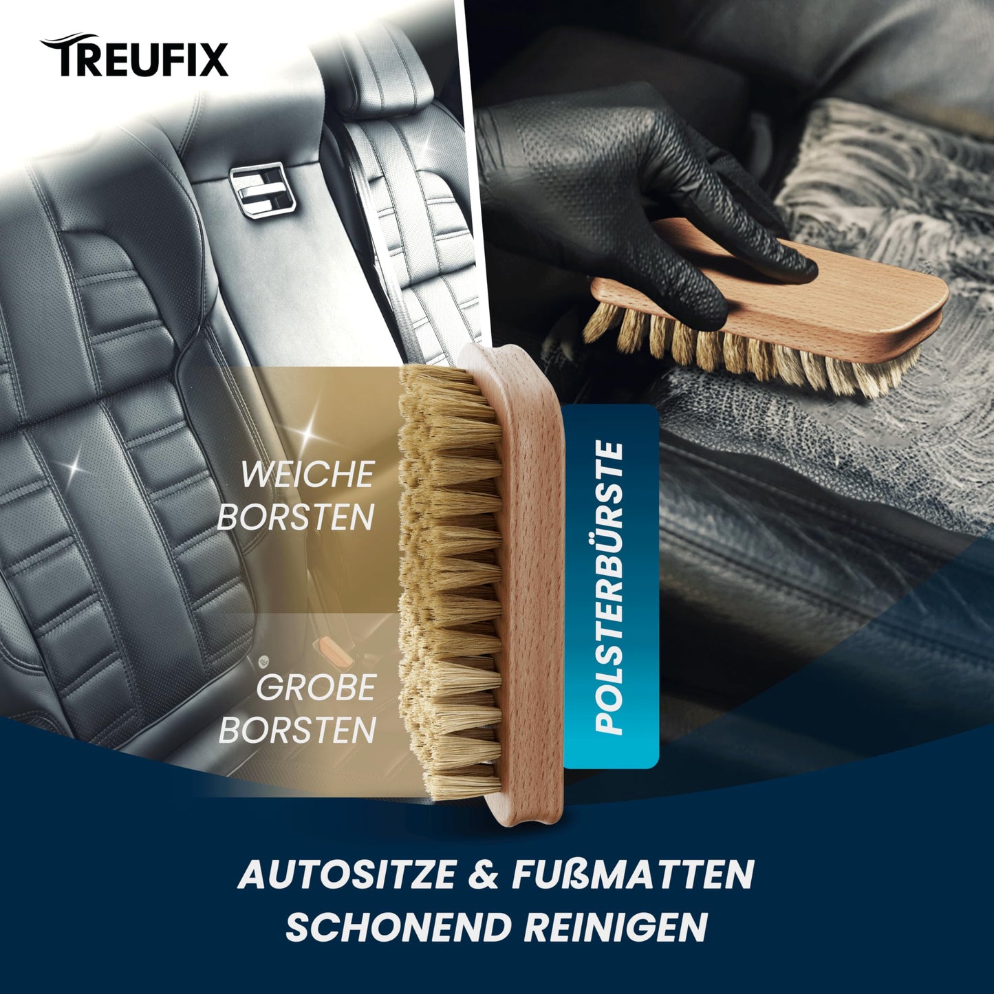 Treufix - Auto Innenraum Reiniger und Cockpitpflege Auto [Profi Set inkl. Polsterbürste & Mikrofasertuch] Polsterreiniger Auto für Display, Armaturen, Sitze, Lenkrad u.v.m 500ml - Made in DE