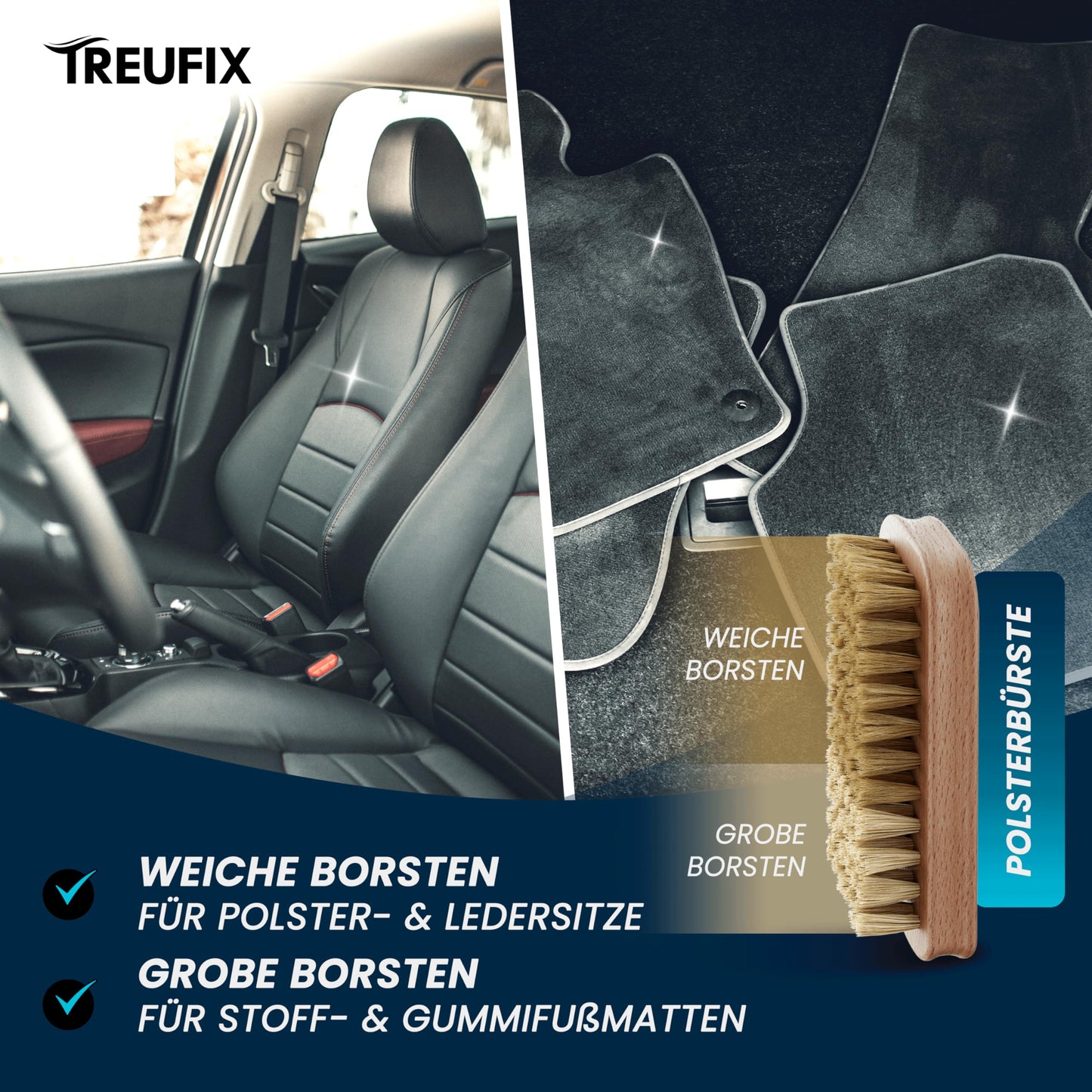 Treufix - Auto Innenraum Reiniger und Cockpitpflege Auto [Profi Set inkl. Polsterbürste & Mikrofasertuch] Polsterreiniger Auto für Display, Armaturen, Sitze, Lenkrad u.v.m 500ml - Made in DE