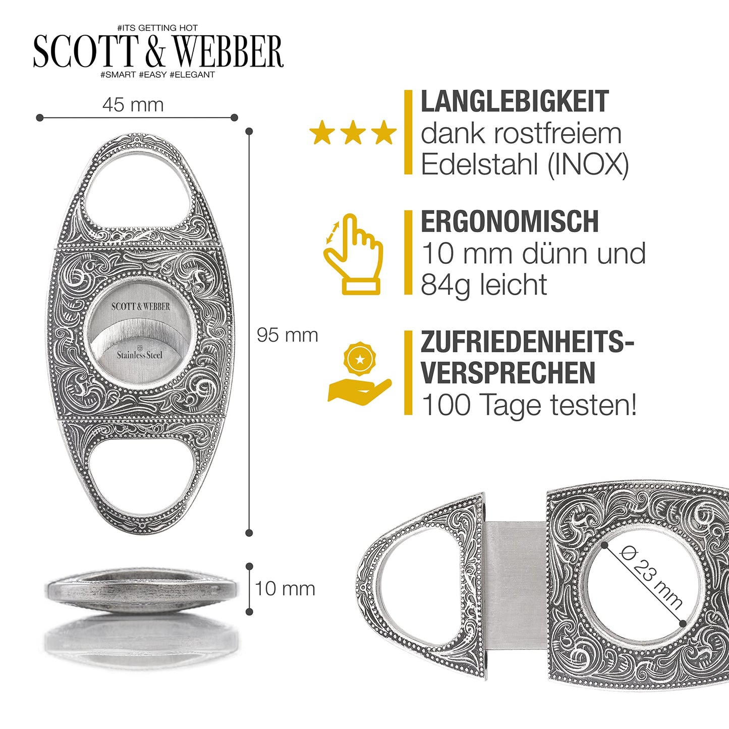 Scott & Webber® - Zigarrenschneider mit Doppelklinge aus Edelstahl - Zigarren Zubehör für großes Ringmaß - Inkl. Lederetui und edler Verpackung (Silber)